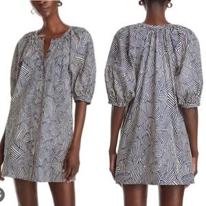STAUD Vincent Mini Dress Navy Tan Mosaic Puff Sleeve Button‎ Front Womens XL NWT